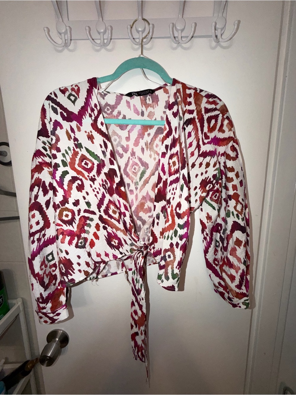 Zara Multi-Color Ikat Tie-Front Crop Top